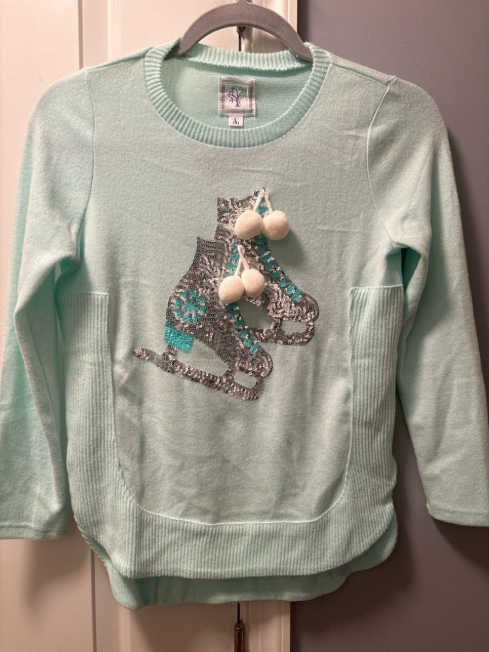 Girls Ice Skater Sweater Size 14 Mint Green Sequin Pom Pom NWT